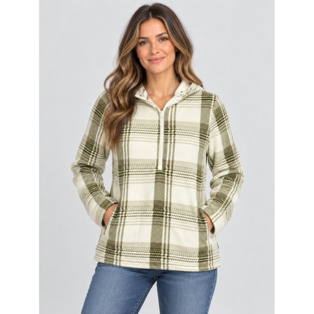 O'Neill Women's Small Plaid Fleece Half Zip Hoodie Cream Olive Green NWT